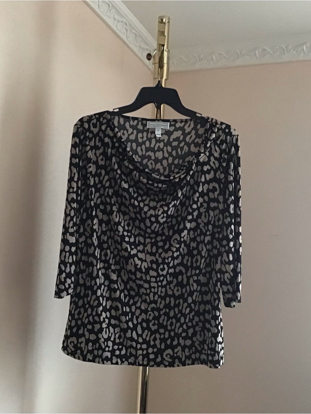 Dana Buchman Black and Taupe Leopard Print Cowl Neck Blouse